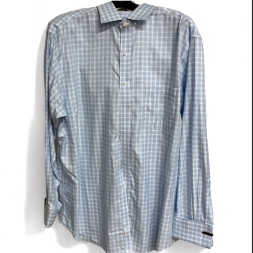 Tasso Elba Men’s Regular Fit Mens Shirt Blue White Plaid Size 16 1/2 34/L EUC